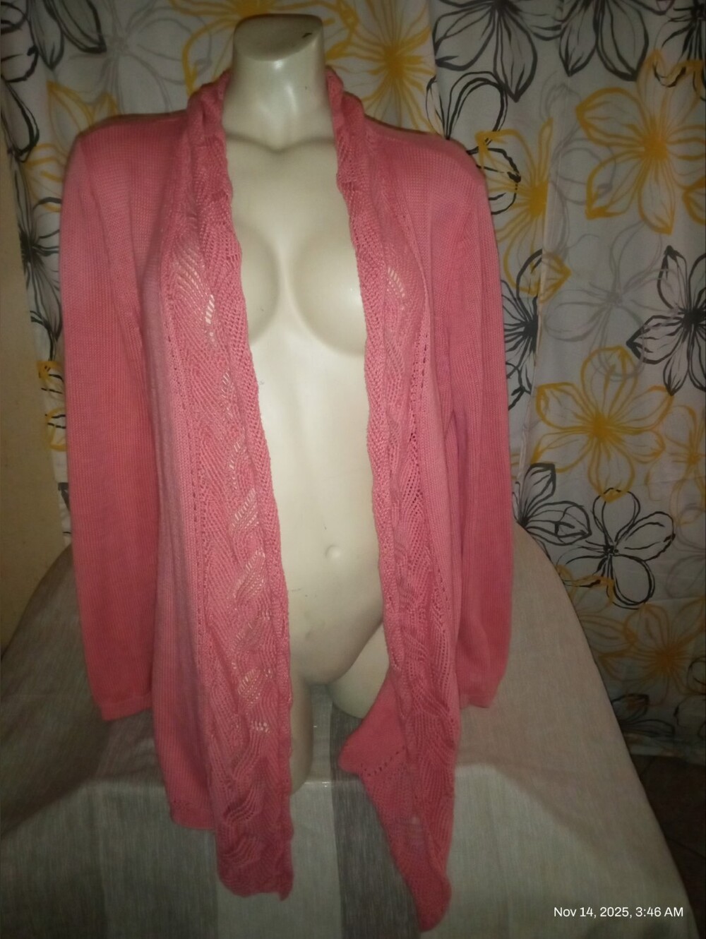 Longsleeved Pink Knit Cardigan Sweater with Lace-Style BACK Panel Design SoCute!